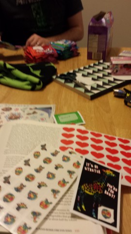 Making Valentines to take to work!! Mine had rainbow temp tattoos