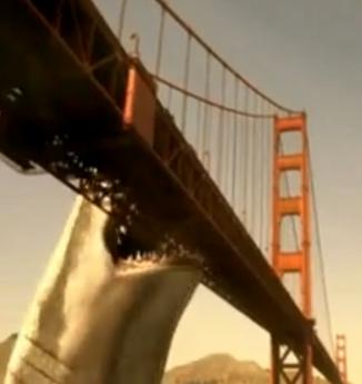 Mega Shark, in his quest for revenge against Giant Octopus, savages the Golden Gate Bridge